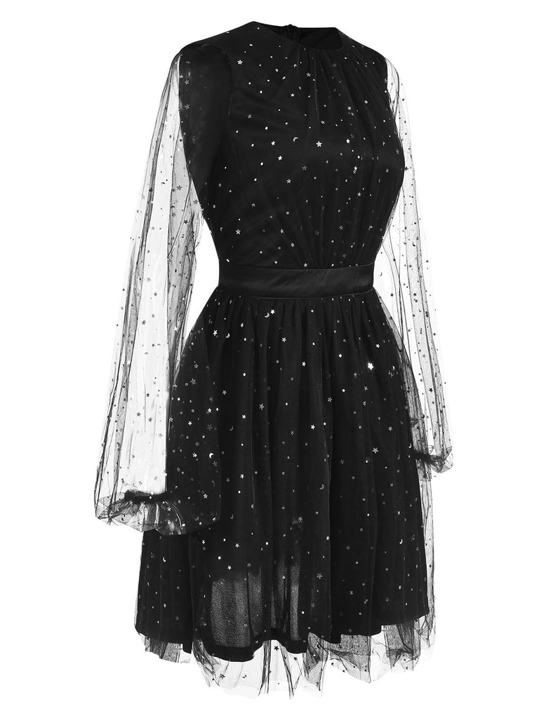 Black 1970s Star Sequins Lantern Sleeve Dress