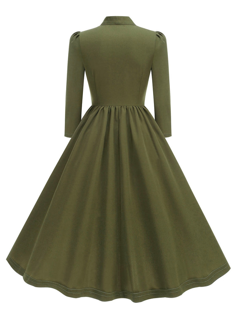 1950s Solid Bow Collar Buttoned Swing Dress