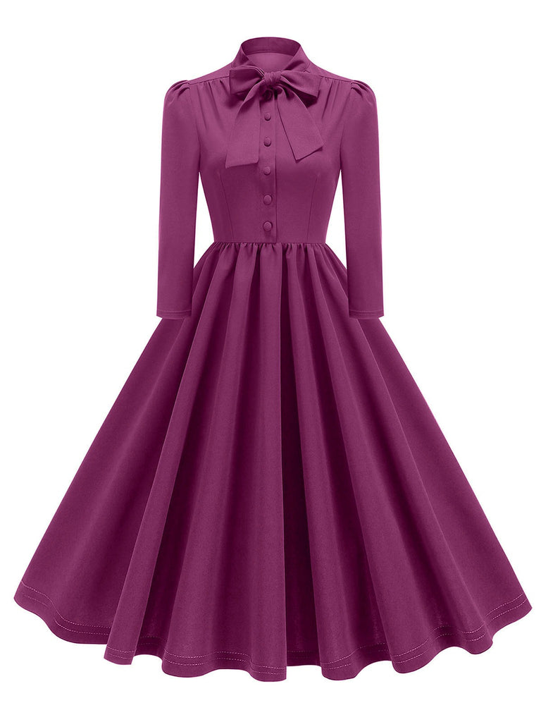 1950s Solid Bow Collar Buttoned Swing Dress