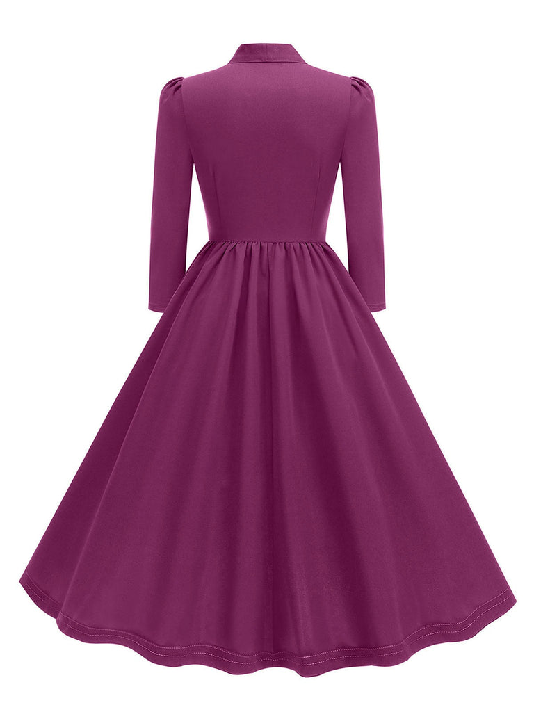 1950s Solid Bow Collar Buttoned Swing Dress