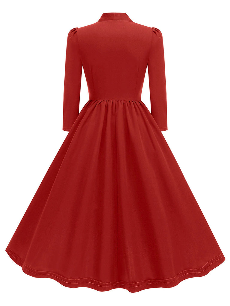 1950s Solid Bow Collar Buttoned Swing Dress