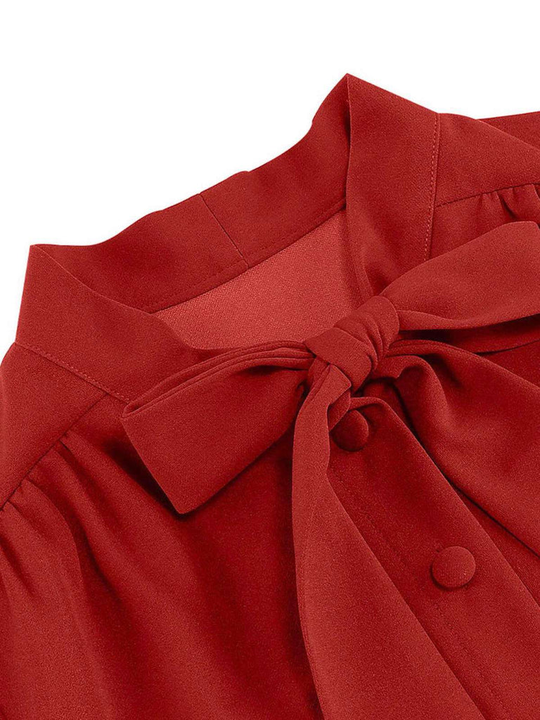 1950s Solid Bow Collar Buttoned Swing Dress