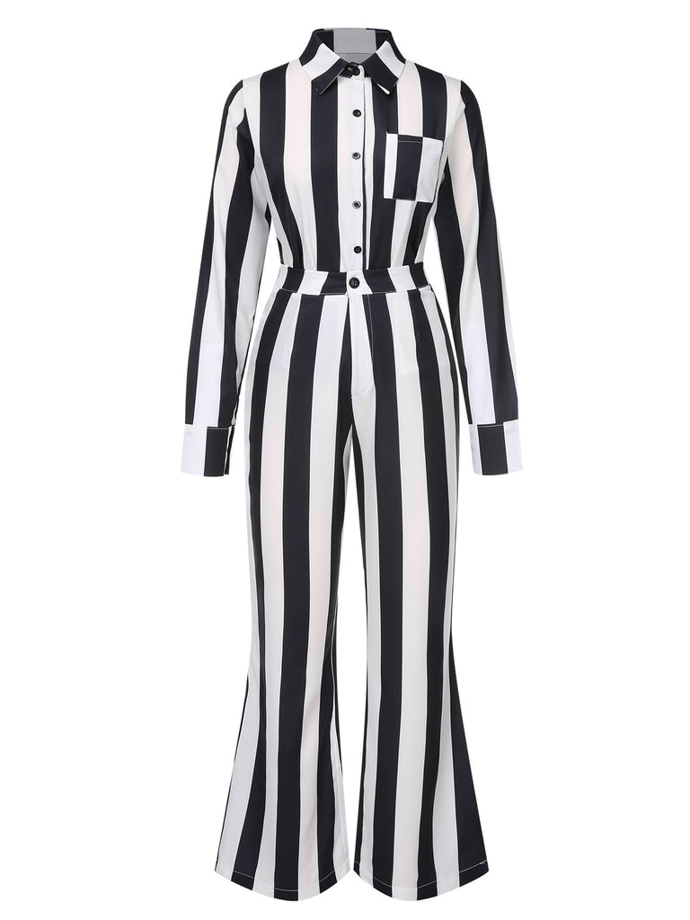 Black&White 1970s Lapel Striped Contrast Color Suit