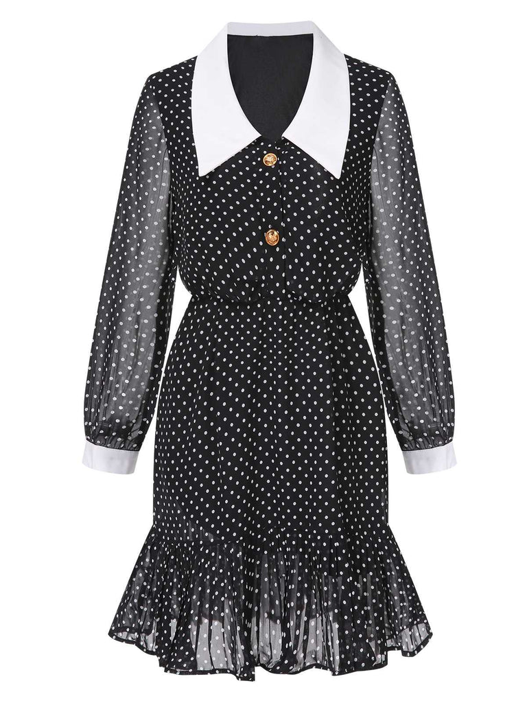 Black 1940s Polka Dot Contrast Collar Dress