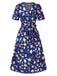 Dark Blue 1940s V-Neck Floral Dress