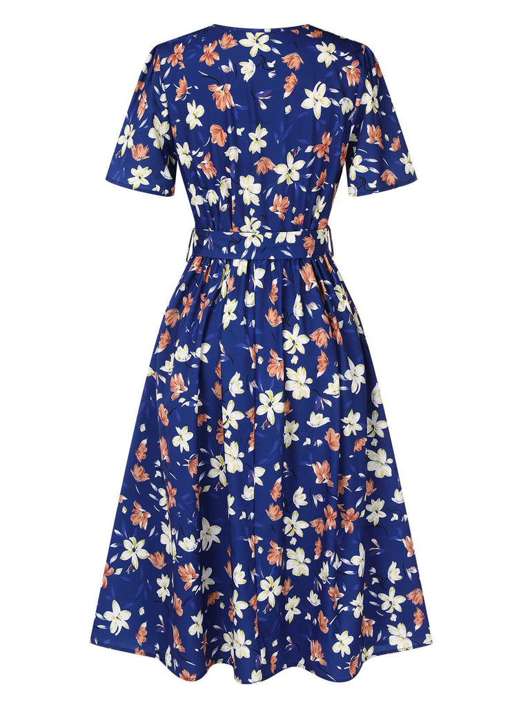 Dark Blue 1940s V-Neck Floral Dress