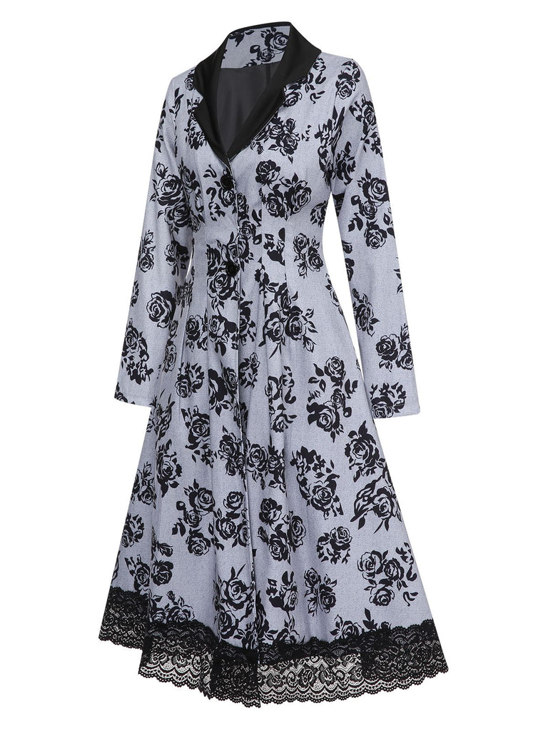 1950s Lapel Floral Lace Hem Midi Coat