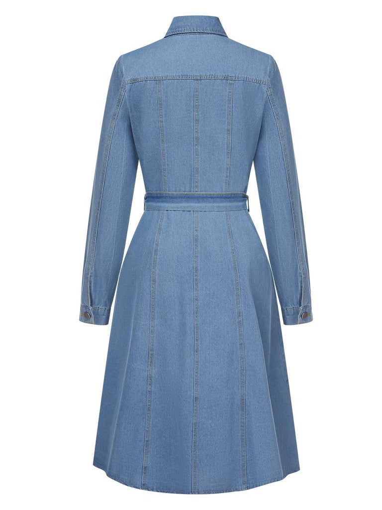 Light Blue 1940s Lapel Denim Belted Dress