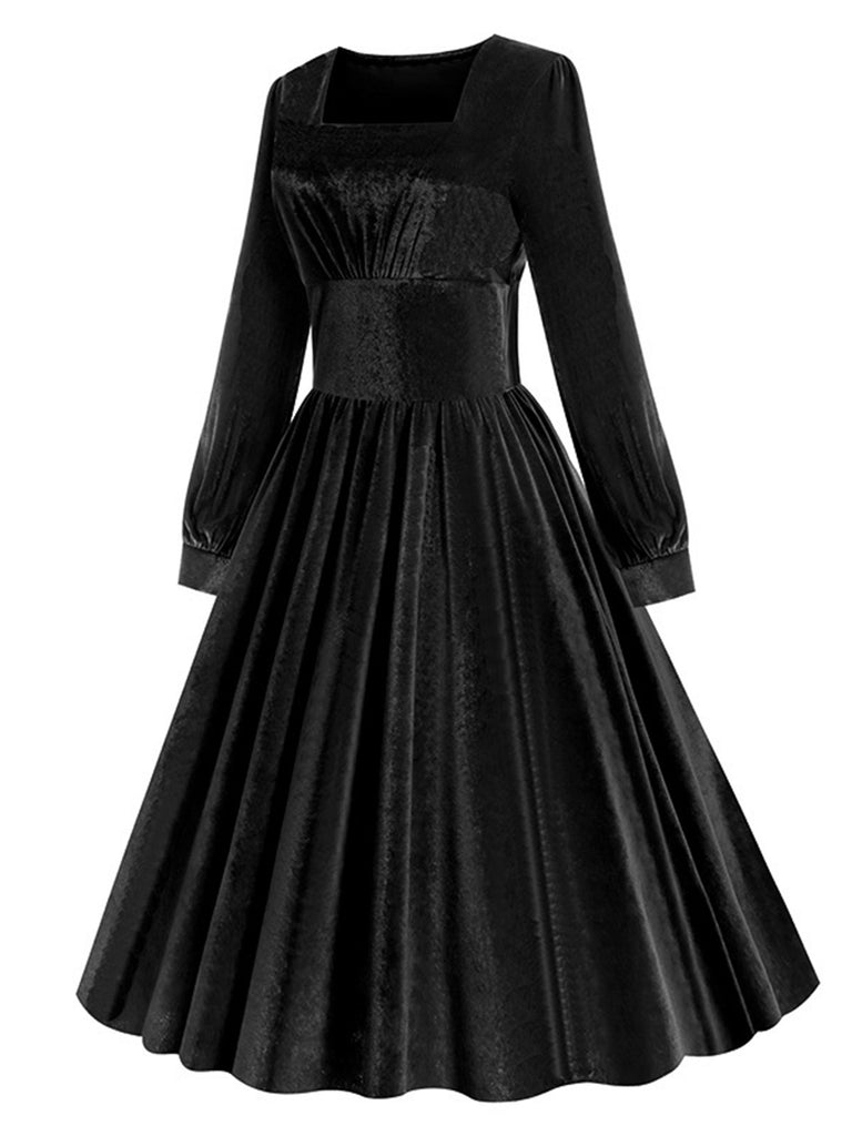 1950s Solid Square Neck Velvet Dress