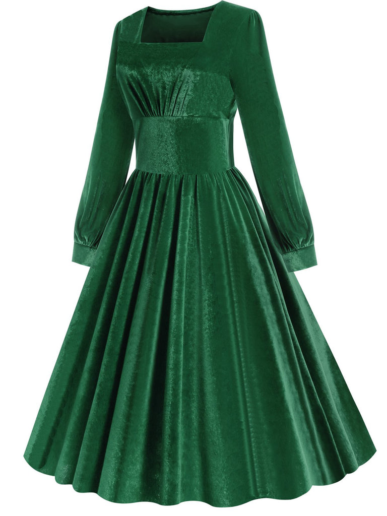 1950s Solid Square Neck Velvet Dress