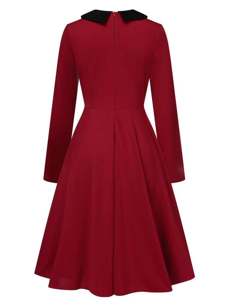 Wine Red 1950s Solid Rhinestone Lapel Dress