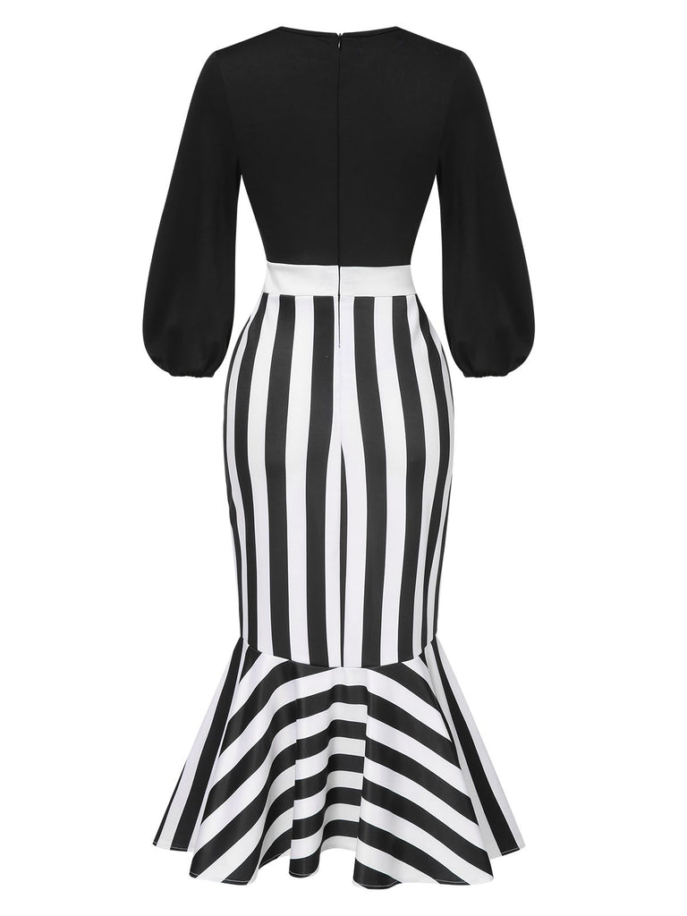 Black 1930s Striped Patchwork Fishtail Dress