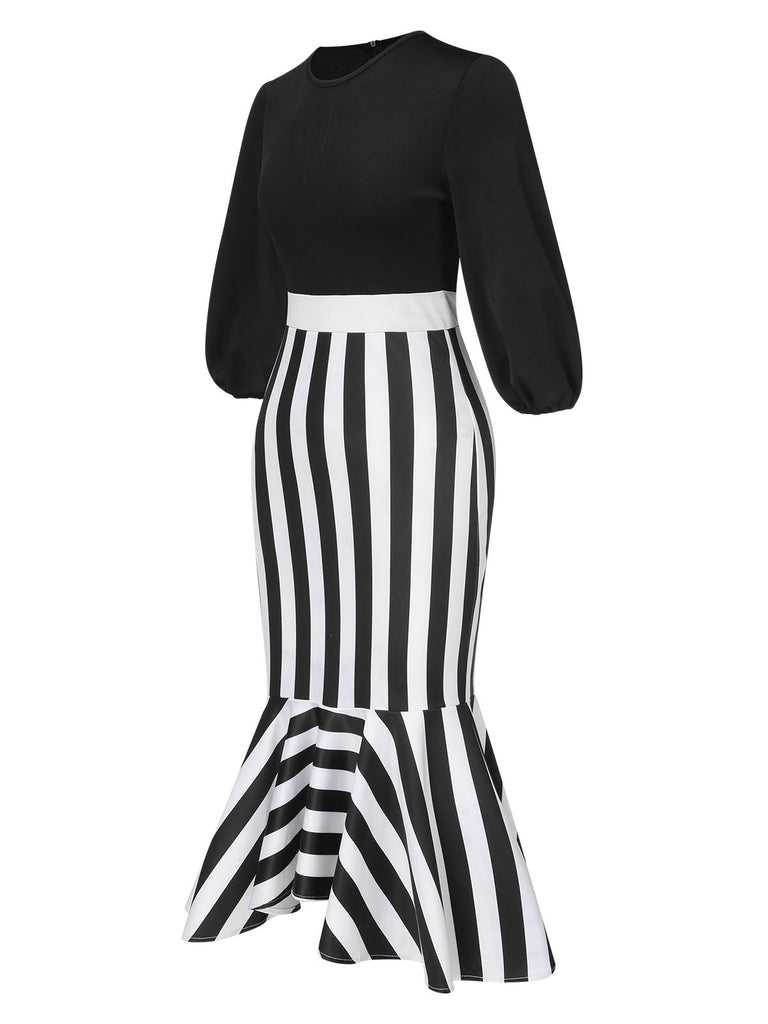 Black 1930s Striped Patchwork Fishtail Dress