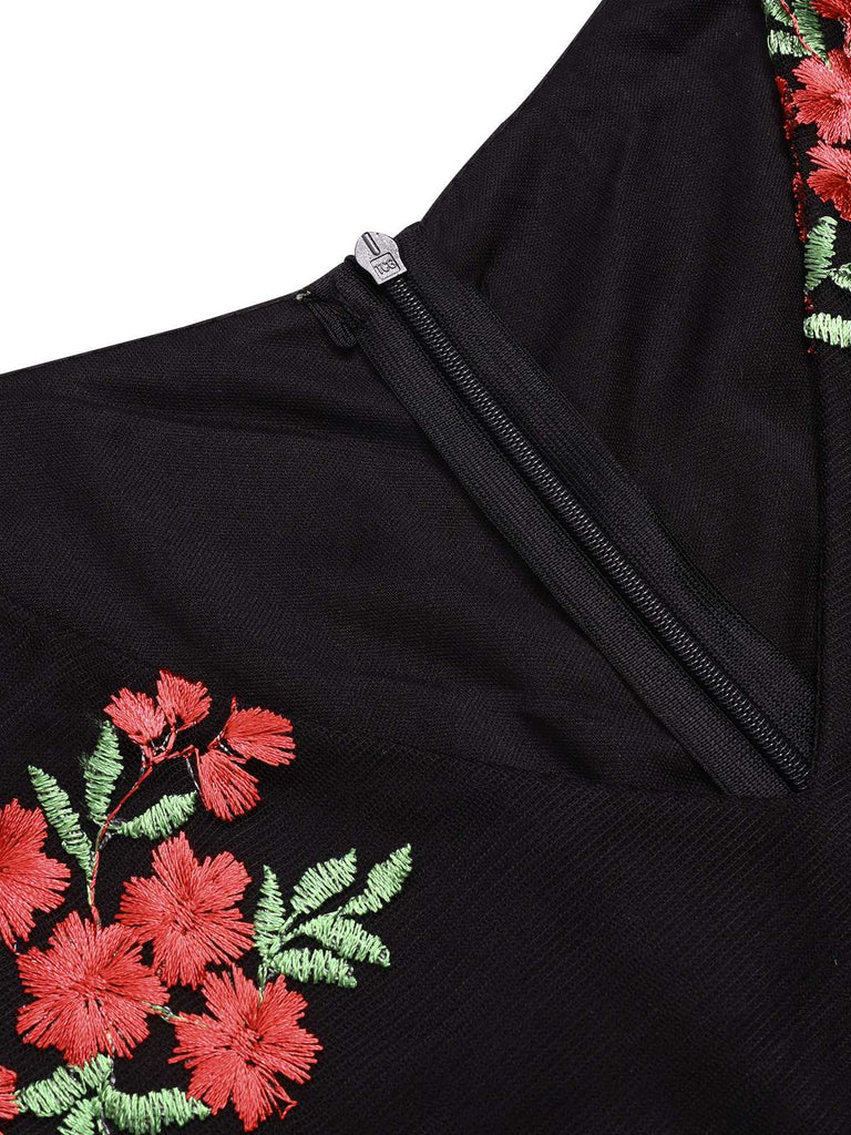 Black 1970s Embroidered Floral Jumpsuit