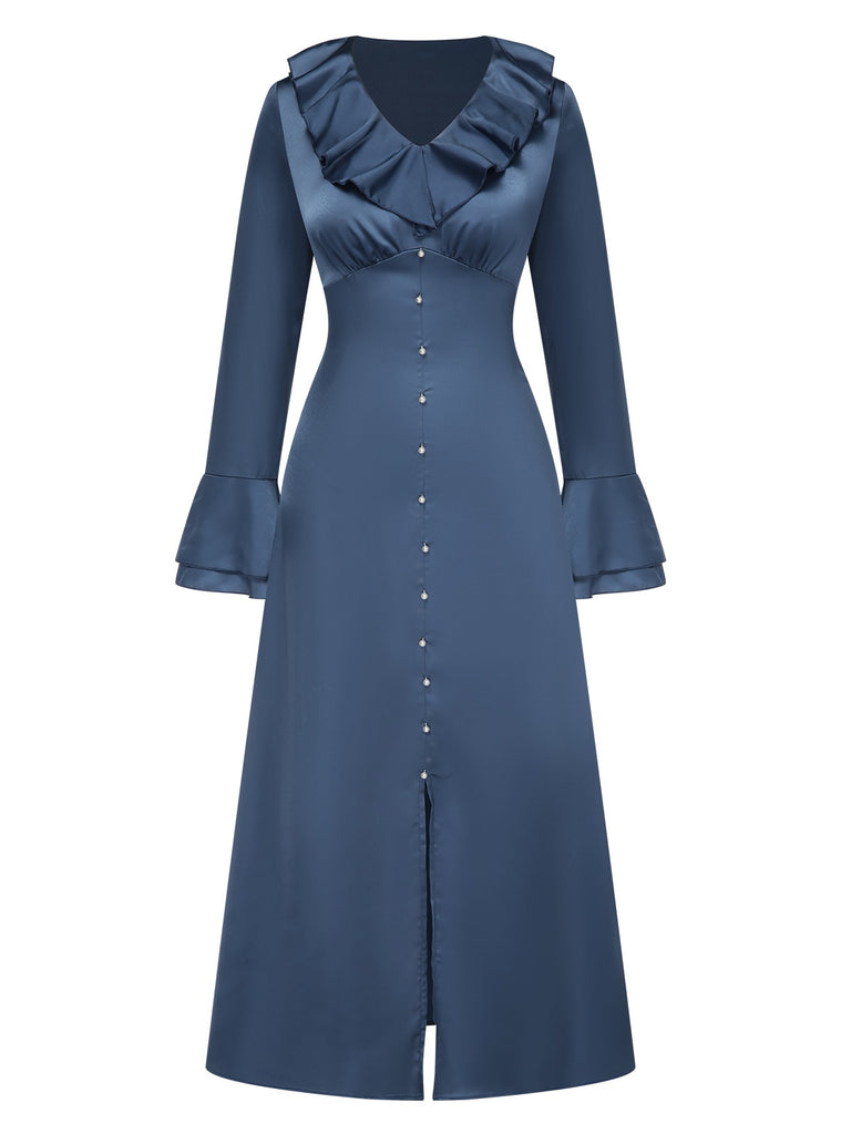 Blue 1940s Solid Satin Ruffle Cuff Dress