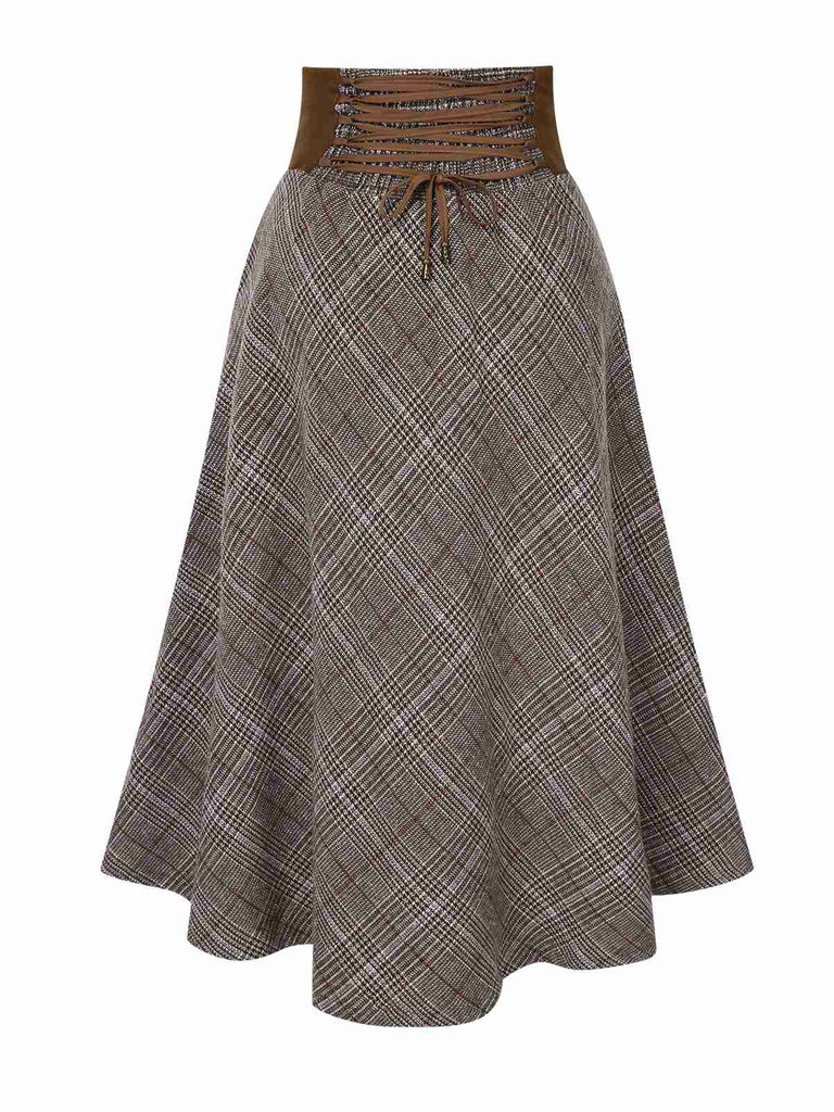 Brown 1940s Lace-Up Glen Plaid Skirt