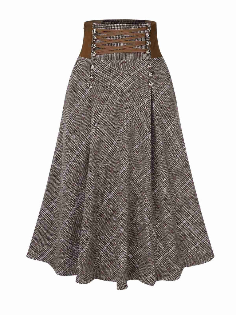 2PCS 1940s White Sweater & Brown Plaid Skirt