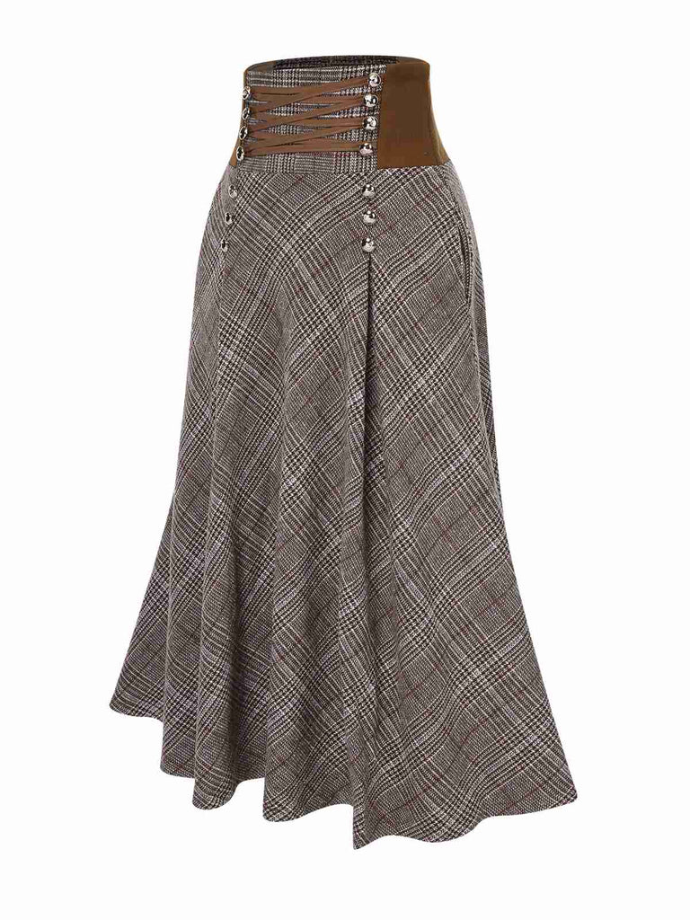 2PCS 1940s White Sweater & Brown Plaid Skirt