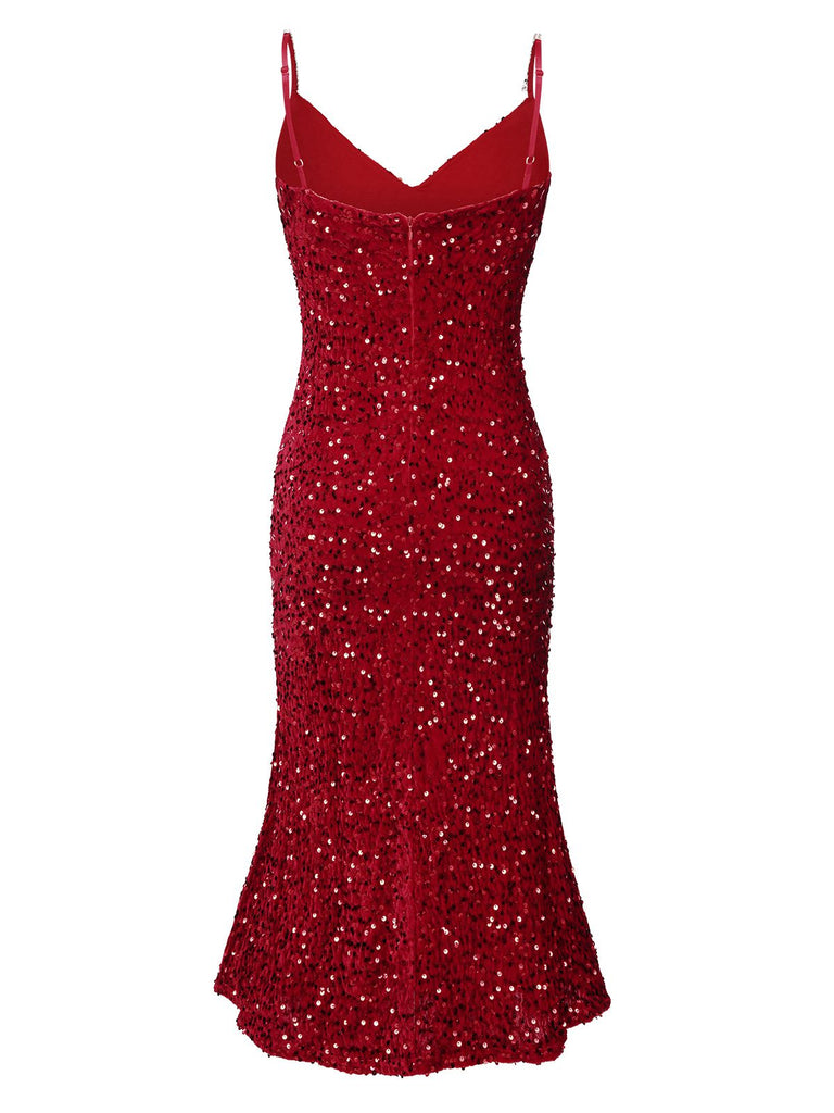 1930s V-Neck Suspender Sequined Fishtail Dress