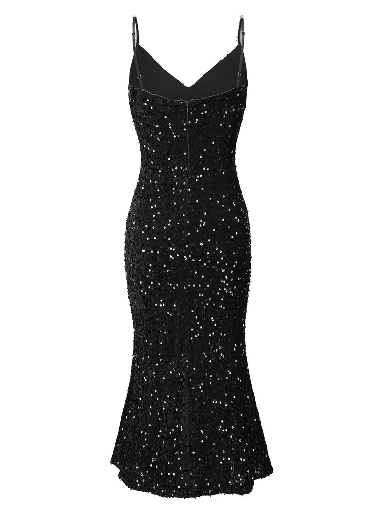 1930s V-Neck Suspender Sequined Fishtail Dress