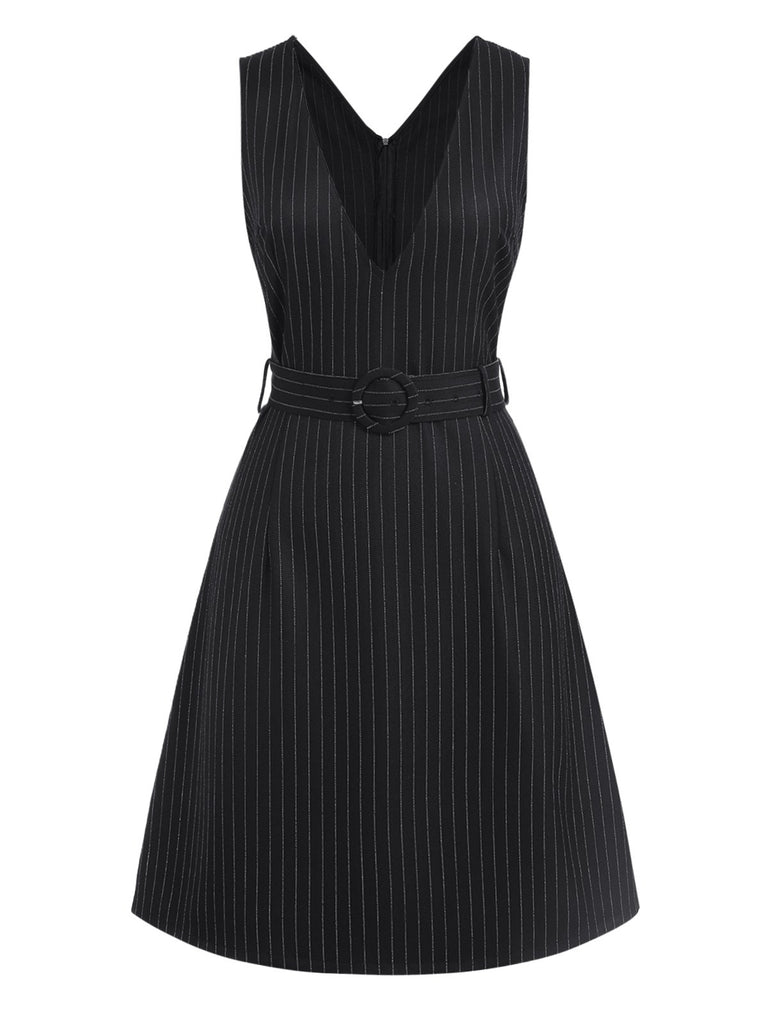 [Pre-Sale] Black 1960s Striped V-Neck Belted Dress