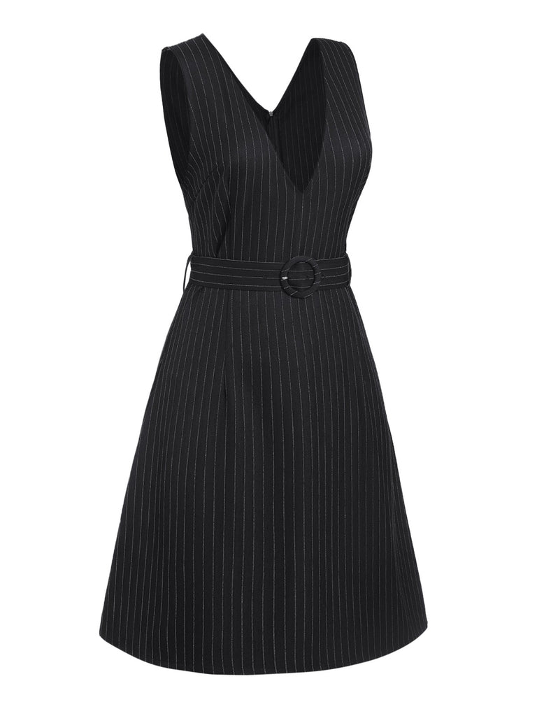 [Pre-Sale] Black 1960s Striped V-Neck Belted Dress