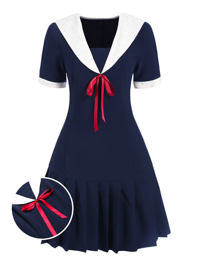 [Pre-Sale] Dark Blue 1960s Contrast Lapel Pleated Dress