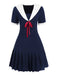 [Pre-Sale] Dark Blue 1960s Contrast Lapel Pleated Dress