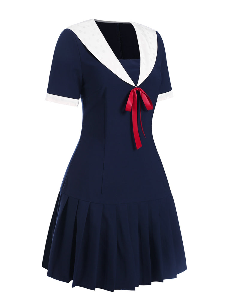 [Pre-Sale] Dark Blue 1960s Contrast Lapel Pleated Dress