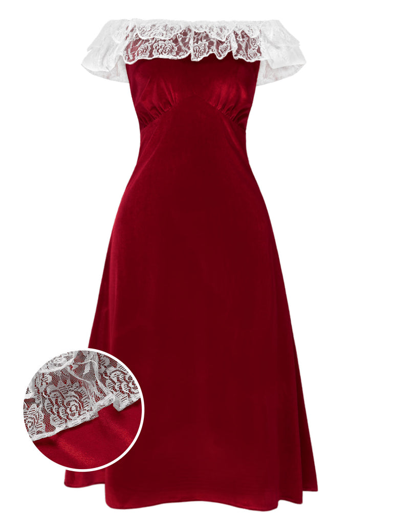 [Pre-Sale] Red 1940s Off-Shoulder Velvet Mesh Dress