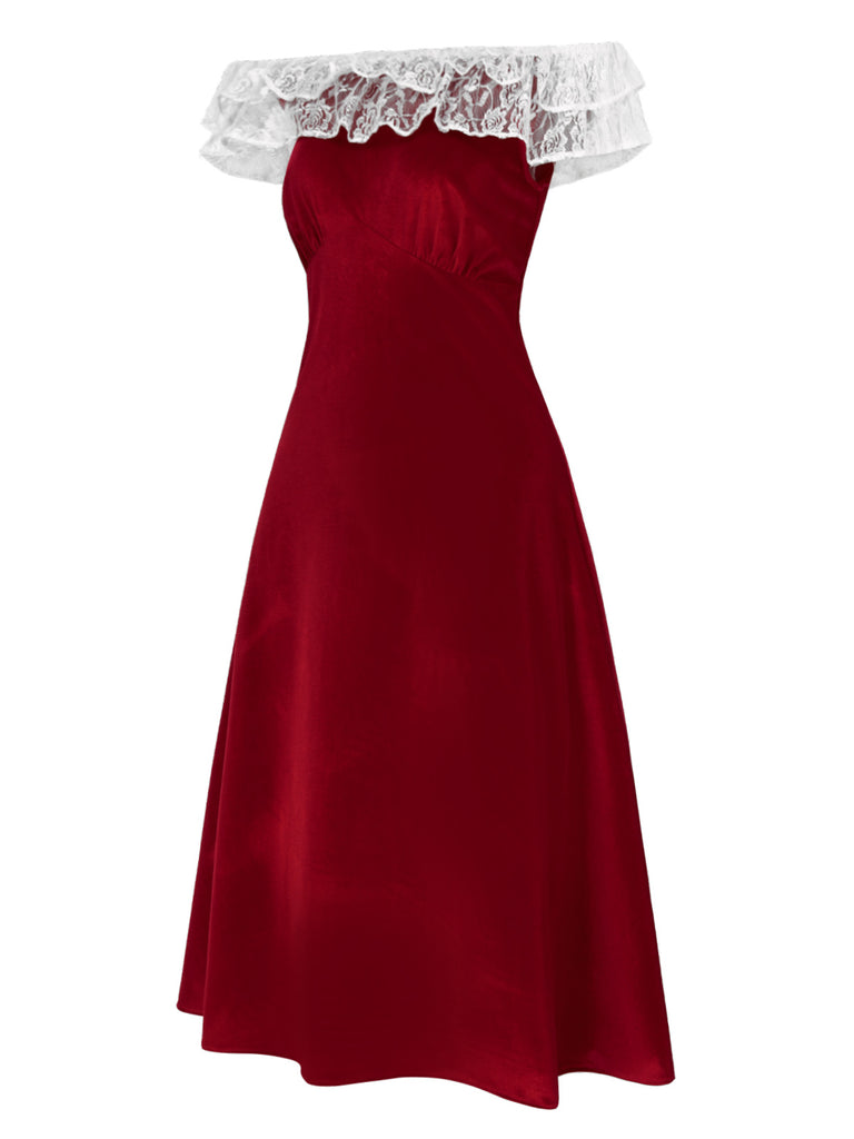 [Pre-Sale] Red 1940s Off-Shoulder Velvet Mesh Dress