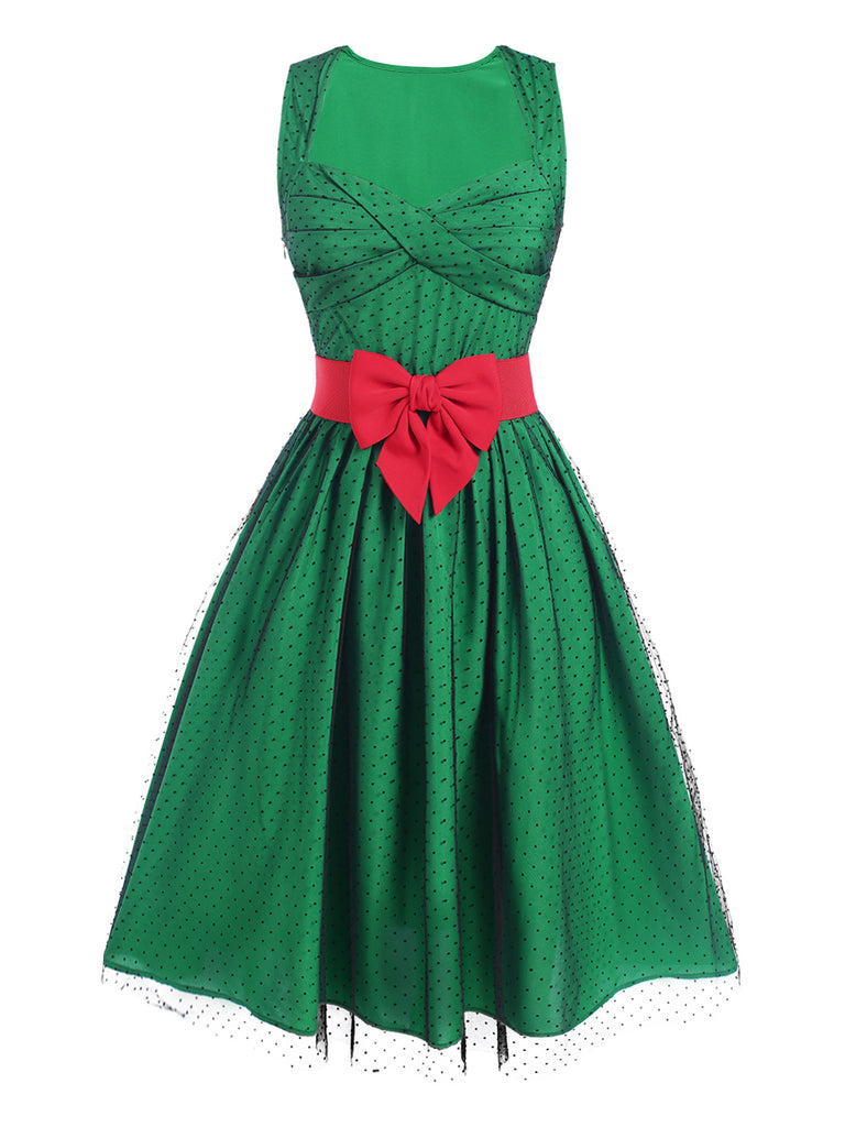 Green 1950s Polka Dot Mesh Patchwork Dress