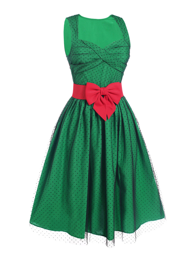 Green 1950s Polka Dot Mesh Patchwork Dress