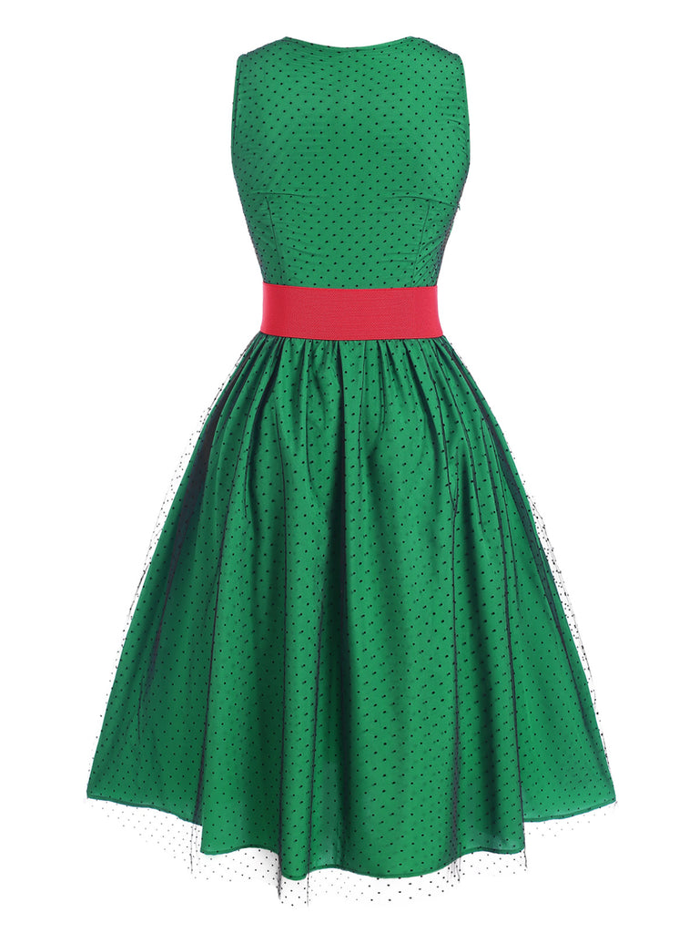 Green 1950s Polka Dot Mesh Patchwork Dress