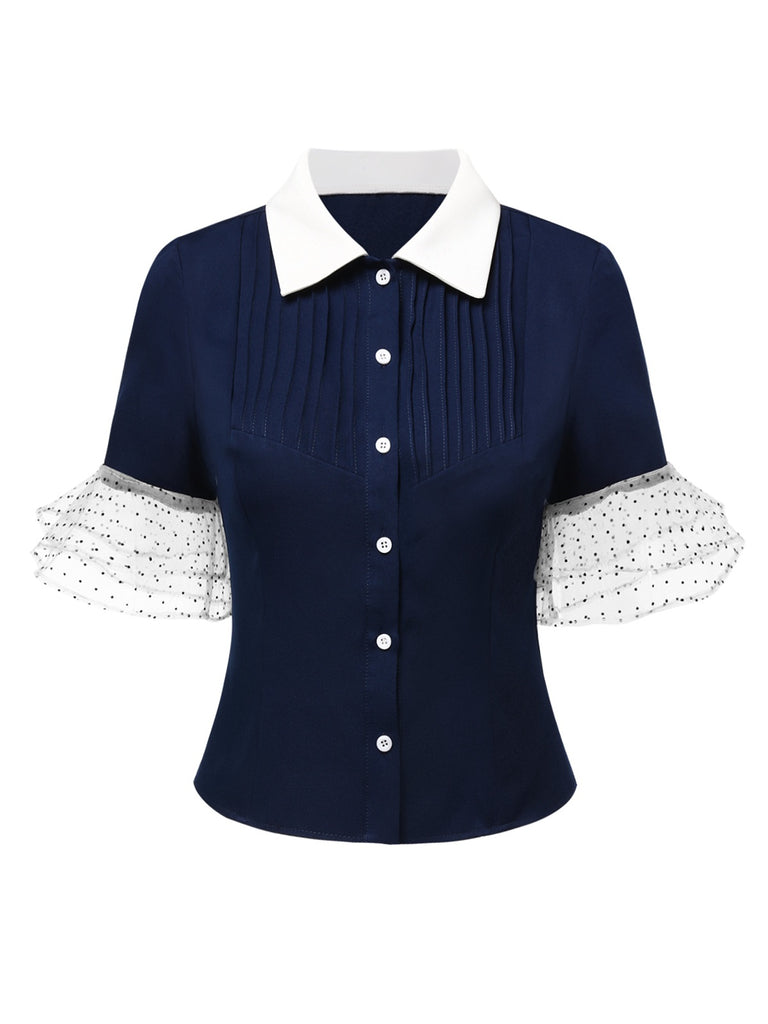 [Pre-Sale] 2PCS Blue 1930s Dots Lapel Blouse & Belted Mermaid Skirt