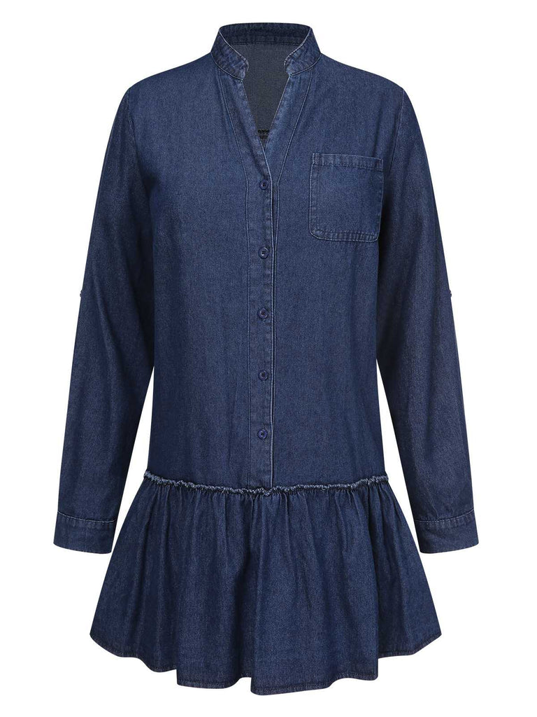 Dark Blue 1940s Stand Collar Ruffle Hem Denim Dress