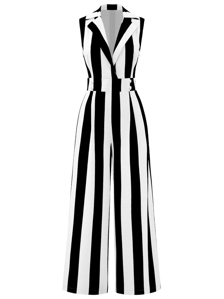 [Pre-Sale] 1930s V-Neck Black & White Vertical Stripes Jumpsuit