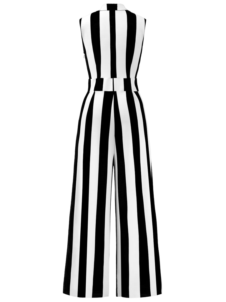 [Pre-Sale] 1930s V-Neck Black & White Vertical Stripes Jumpsuit