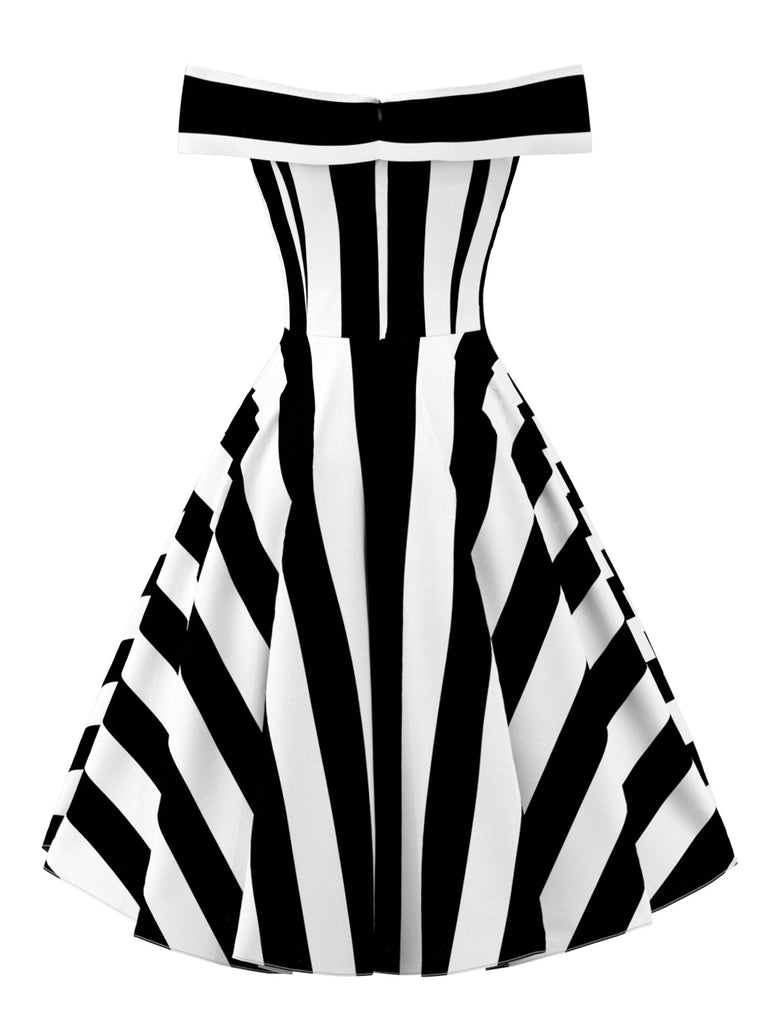 Black & White 1950s Off Shoulder Striped Dress