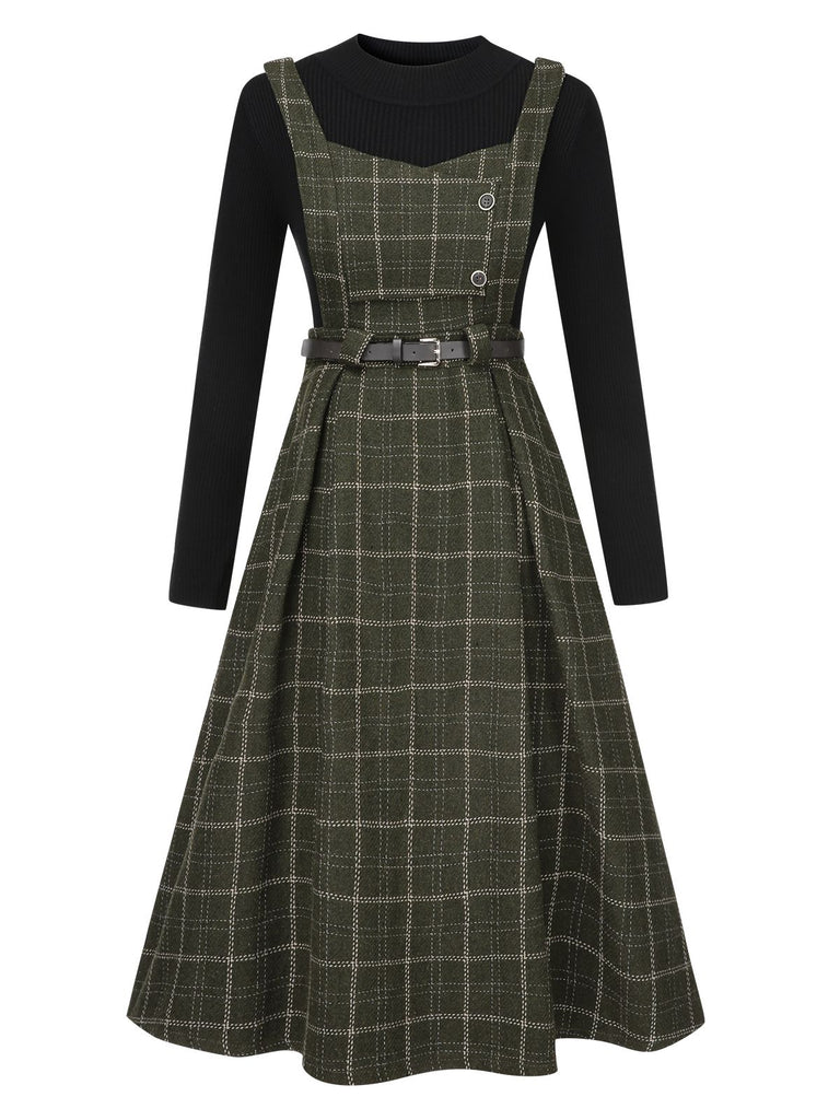 2PCS 1950s Solid Top & Plaids Belted Pinafore Dress