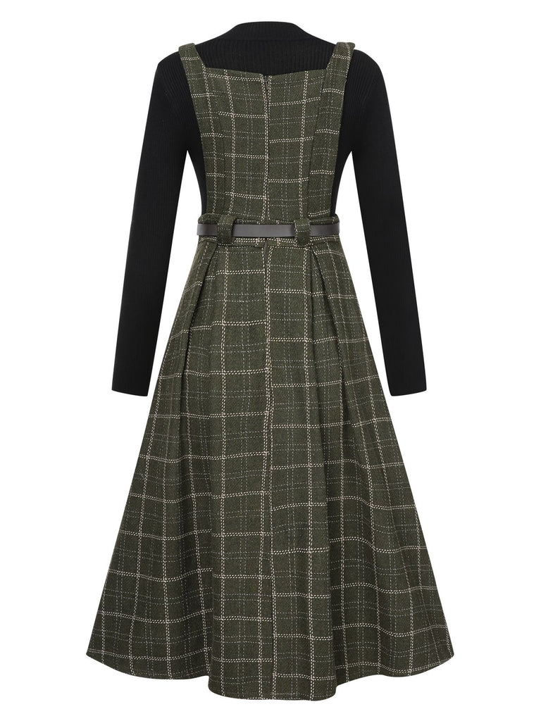 2PCS 1950s Solid Top & Plaids Belted Pinafore Dress