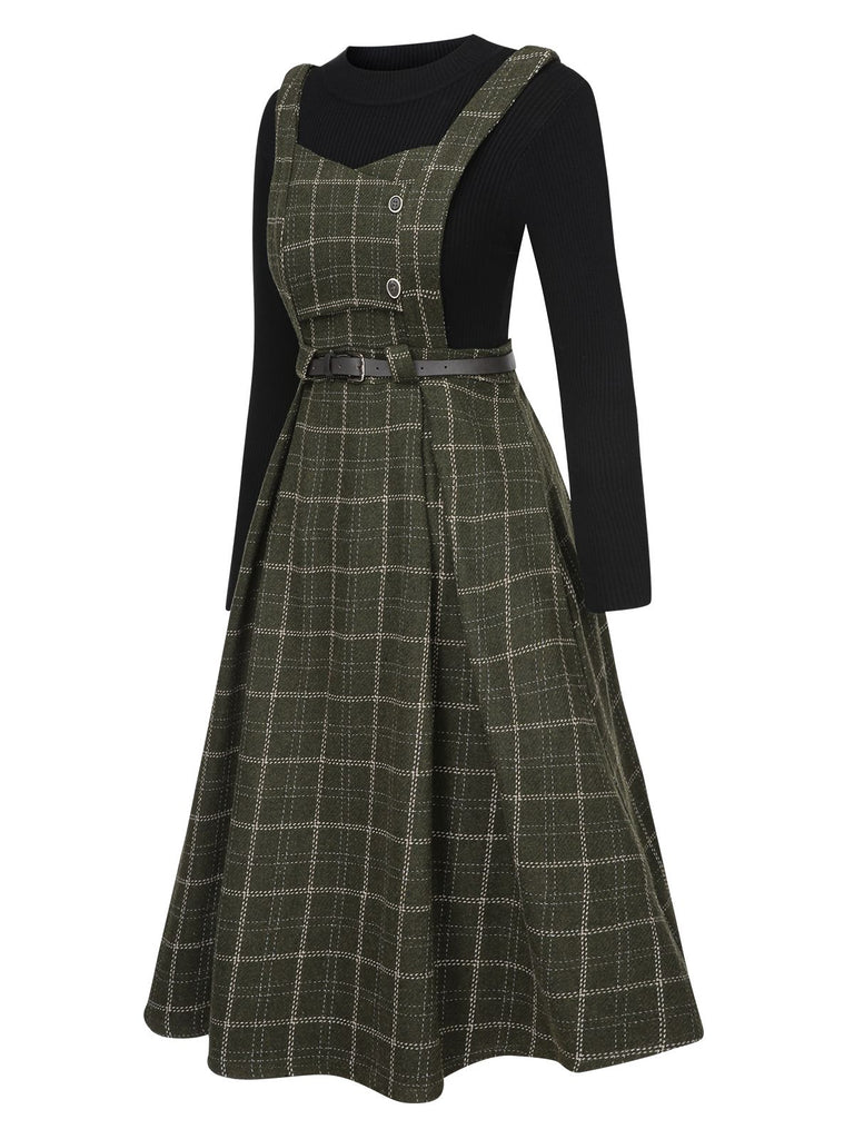 2PCS 1950s Solid Top & Plaids Belted Pinafore Dress