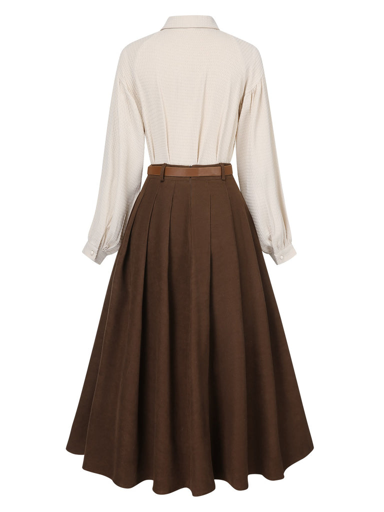 [Pre-Sale] 2PCS Brown 1950s Lapel Botton Blouse & Pleated Skirt