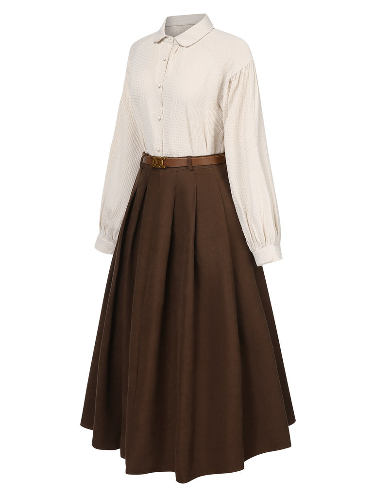 [Pre-Sale] 2PCS Brown 1950s Lapel Botton Blouse & Pleated Skirt