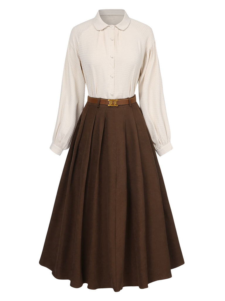 [Pre-Sale] 2PCS Brown 1950s Lapel Botton Blouse & Pleated Skirt