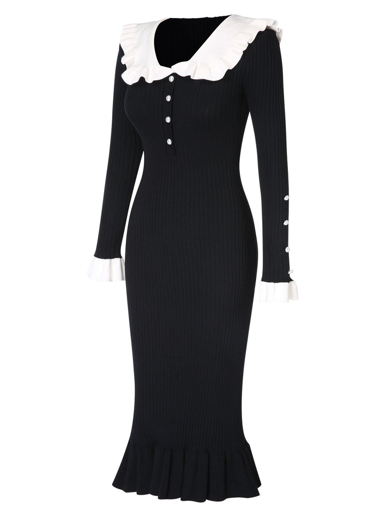 1930s Lapel Knitted Colorblock Fishtail Dress