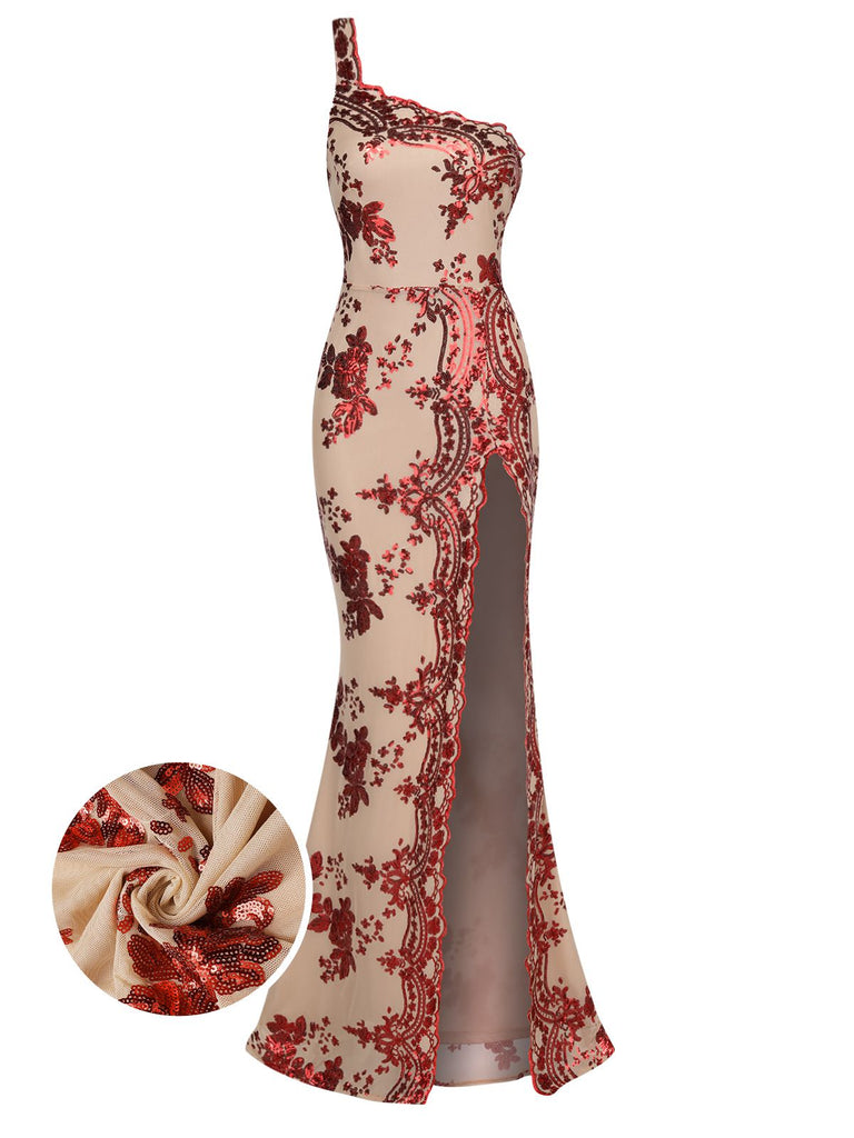 1930s One Shoulder Sequined Floral Slit Dress