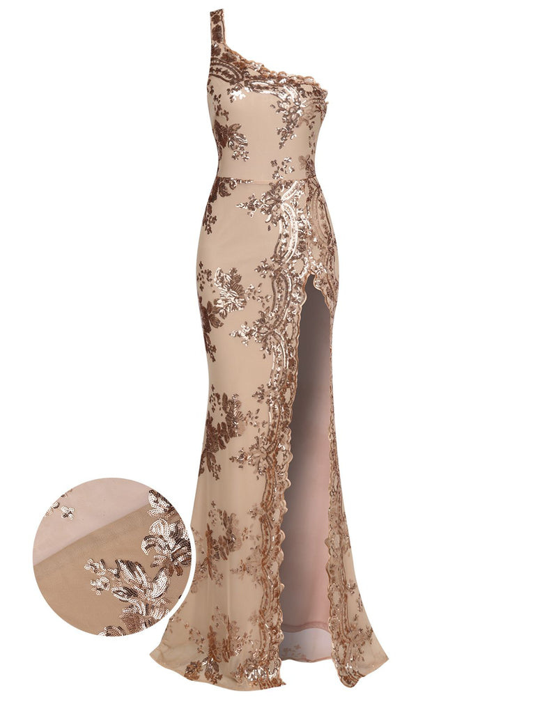 1930s One Shoulder Sequined Floral Slit Dress