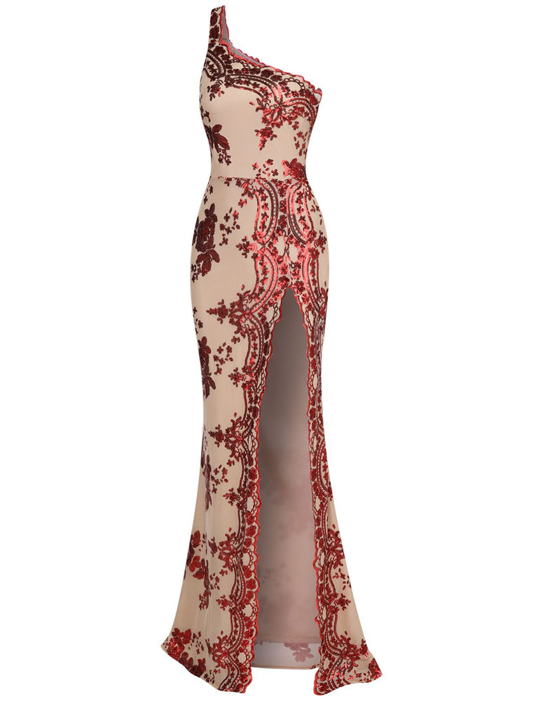 1930s One Shoulder Sequined Floral Slit Dress