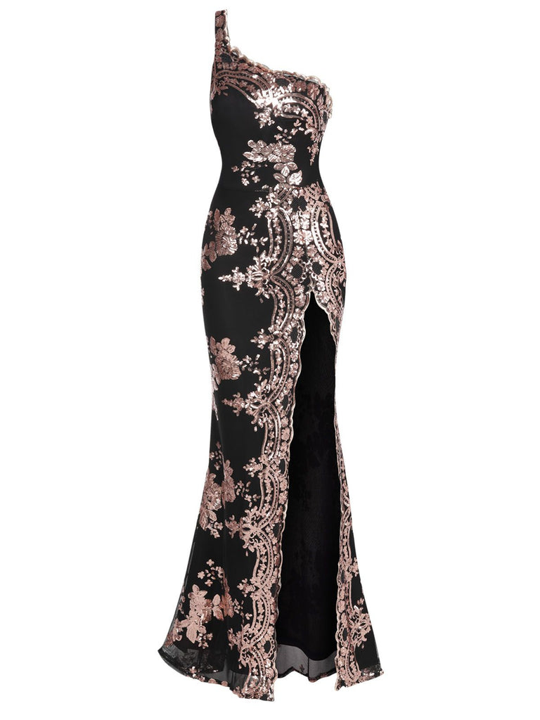 1930s One Shoulder Sequined Floral Slit Dress